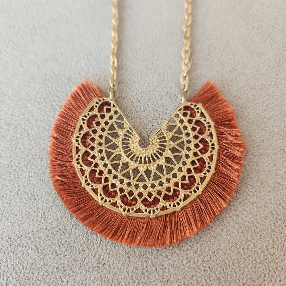 Fan pendant necklace golden tone long statement orange boho ethnic folk artsy